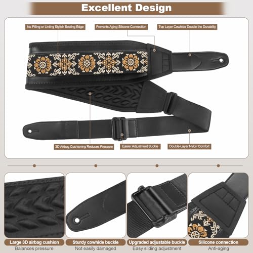 Bass Guitar Strap, Jacquard Embroidery Guitar Strap with Head Cowhide Leather End for Bass, Electric & Acoustic Guitars, Come with Complete Accessories, Comfortable and Intimate, Elegant Yellow Flower - color: Elegant Yellow Flower
