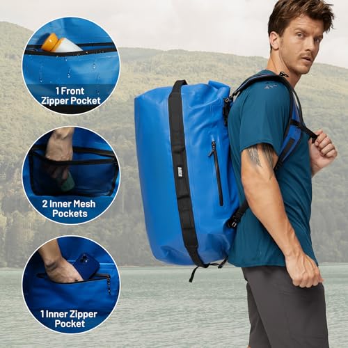 MIER Large Waterproof Duffel Bag - 60L/80L Dry Bag Backpack | Detachable Backpack Straps; Multi-Pockets; Roll-Top with Hook-and-Loop Closure; Motorcycle, Kayaking, Gym, Beach, Boating - color: Dark Blue, size: 80L