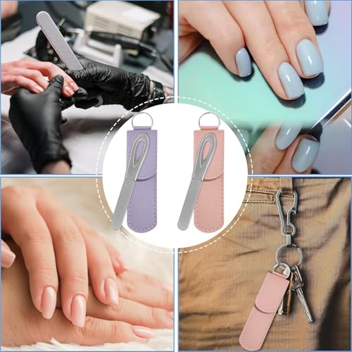 Metal Nail File with Case, 2 Pack Keychain Nail Files for Natural Nails, Fingernail Files Diamond Round Tip Stainless Steel Double Sided Fine Grit Silver Filer with Leather Sheath Travel Pink Purple - size: 2 Pack 3.6 in Silver/Pink/Purple Keychain