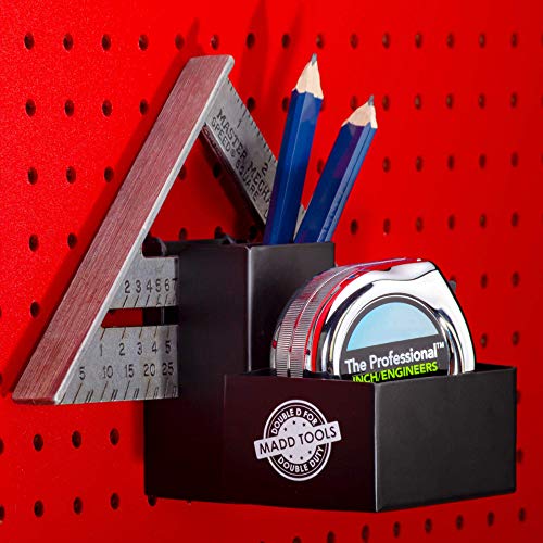 Pegboard Tape Measure Holder Organizer, Pencil Box & Square Holder, Black | 16 Gauge Steel Peg Board Organizer Accessories with Heavy Duty 1/4" Peg Board Hooks, Pegboard Tool Organizer