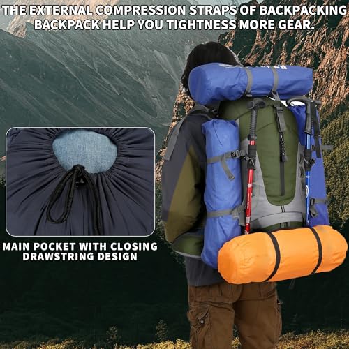 75L Hiking Backpack with Rain Cover Waterproof Camping Backpack Shoes Warehouse for Men Women, Frameless - color: Armygreen, size: 60L