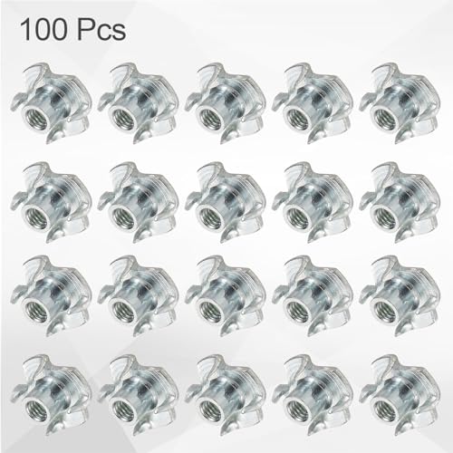 HARFINGTON M4x6.7mm T-Nuts 4 Pronged Tee Nut 0.57" x 0.26" Fully Thread Carbon Steel Inserts for Wood, Rock Climbing Holds, Cabinetry, Furniture 100pcs - size: M4x6.7mm, 14.5mm