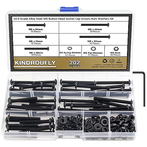 202 Pieces Black M5 x 30/35 /40/45 /50 mm Button Head Socket Cap Screws Nuts Washers Assortment Kit, 10.9 Grade Alloy Steel - size: M5 x 30/35/40/45/50mm, style: Button Head