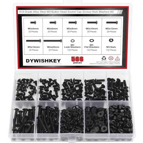 DYWISHKEY 566 Pieces M3 Black Screws, 10.9 Grade Alloy Steel M3x 5/6 /8/10 /12/16 /20mm Button Head Socket Cap Screws Bolts Nuts Washers Assortment Kit - size: M3, style: Button Head Socket Cap
