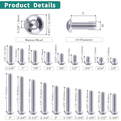 1/4-20 x 1-1/4" Button Head Socket Cap Bolts Screws, 304 Stainless Steel 18-8, Allen Hex Drive, Bright Finish, Fully Machine Thread, Pack of 25 - size: 1/4-20 x 1-1/4