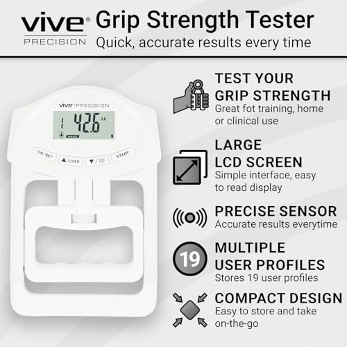 Vive Precision Grip Strength Tester - Hand Grip Dynamometer - Handheld | Digital Grip Measurement Meter Device Trainer Power 198 Lbs / 90 Kgs - Strengthener Exerciser for Sports, School and Home Use
