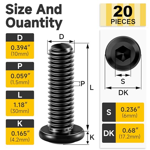 Mywish M10 x 30mm 20Pcs Flat Head Hex Socket Cap Screws Bolts, 304 Stainless Steel Furniture Bolts Full Thread & Hex Spanner, Black Oxide - color: Black-M10, size: 30mm