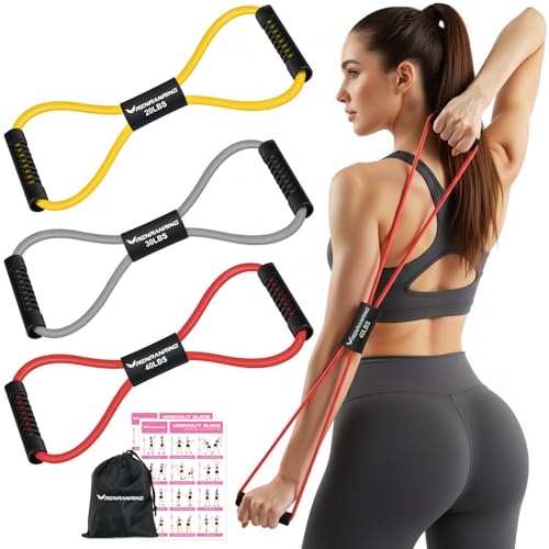 Figure 8 Resistance Bands with Handles, 3 Levels Latex Exercise Stretch Bands - color: Yellow, Grey, Red
