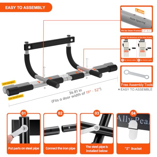 Ally Peaks Pull Up Bar for Doorway | Thickened Steel Max Limit 440 lbs Upper Body Fitness Workout Bar| Multi-Grip Strength for Doorway | Indoor Chin-Up Bar Fitness Trainer for 5.5"-8.7" door frame