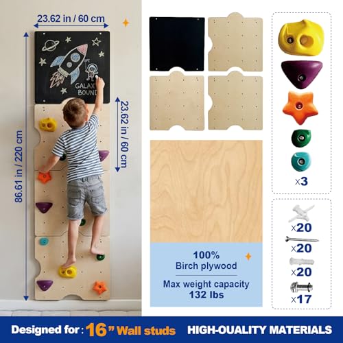 Wooden Rock Climbing Wall for Kids with 15 Rock Climbing Holds | Montessori Climbing Wall for Kids Indoor with Drawing Blackboard, Pre-Drilled Nuts, Home Gym Kids Playroom, Easy Assembly