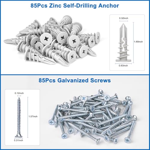 Self Drilling Drywall Anchors, 170PCS Heavy Duty Dry Wall Anchors and Screws Kit for Hanging Sheetrock, 85 Self-Tapping Plastic Drywall Hangers 85 Sheet Rock Screws-95 Lbs - size: 1size-85pcs