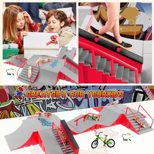 Finger Skateboard Park Kit for Kids, 14-in-1 Mini Skatepark Ramp Set with Half Pipe, 8 Finger Skateboards & Finger Bike, Ramp Accessories Toy Gifts for Boys Girls Ages 3+ - color: 14in1-red