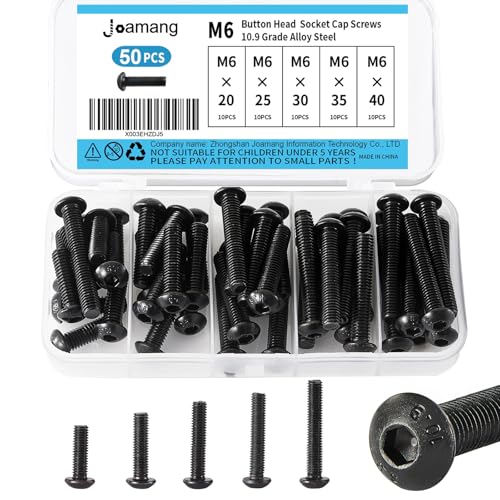 M6 x 20mm 25mm 30mm 35mm 40mm Button Head Socket Cap Screws Bolts, 10.9 Grade Alloy Steel, Black Oxide Finish, Metric Allen Hex Drive, Fully Threaded, Assortment Kit 50Pcs - size: Button M6x20-40 mm