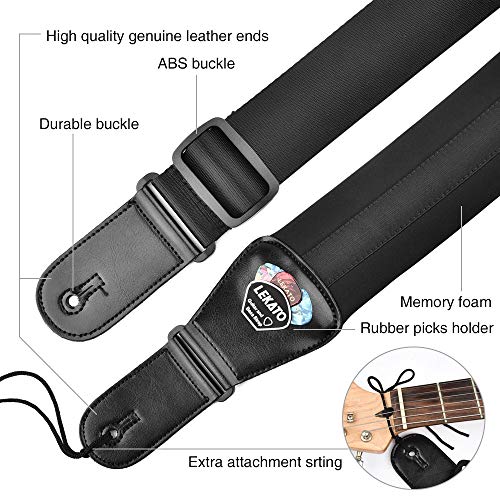 LEKATO Bass Guitar Straps for Electric Guitar & Bass 3" Wide Padded Straps Adjustable Length from 45" to 55" Bass Guitar Strap with Pick Holder 2 Safety Strap Locks & 6 Picks - color: Black, size: Regular(45"-55")
