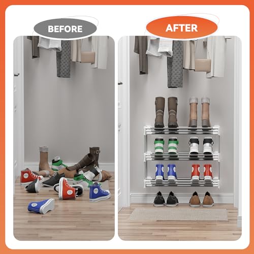 3 Tier for Wall Mounted Shoe Rack with Hook and Loop Sticky Adhesive Strips Shoe Shelf, Slim Shoe Rack Space Saving Design Wall Shoe Organizer for RV - color: White