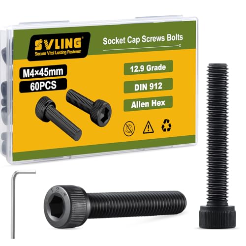 M4-0.7 x 45mm Bolt, 60PCS M4 Hex Socket Head Cap Screws Bolts, 12.9 Grade Alloy Steel, Full Threads, Allen Socket Drive, with Hex Spanner - size: M4x45mm
