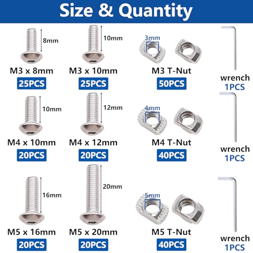 260PCS M3 M4 M5 T Nuts Screws Kit, T Slot Nuts Hammer Head Fastener with Nickel Plated Carbon Steel Button Head Screws for 2020 Series Aluminum Extrusion Profile - color: Silver-M3 M4 M5