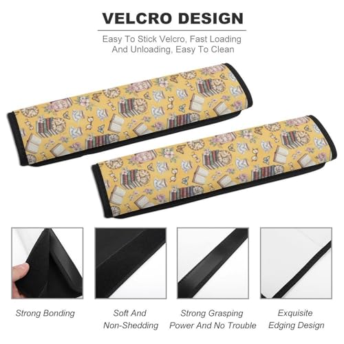 2PCS Book Cat Pink Flower Spring Art Seat Belt Cover Soft Padded Neck Strap Covers for Kids, All Vehicles, Comfortable Driving - color: Pattern 164