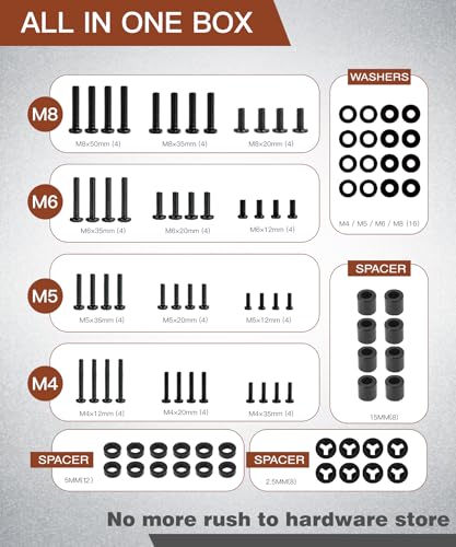 92PCS TV Mounting Hardware Screw Kit, M4 M5 M6 M8 Screws | Includes Spacers and Washers for Most TV / Monitor VESA Mount, TV Mount Replacement Screws with Box up to 80", Black
