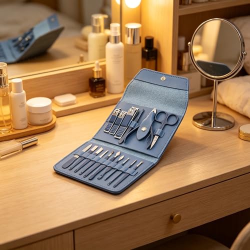 Luxury 16-in-1 Professional Manicure Set - Premium Stainless Steel Nail Clippers & Grooming Kit with Elegant Leather Travel Case - Blue - color: Blue, size: 16PCS