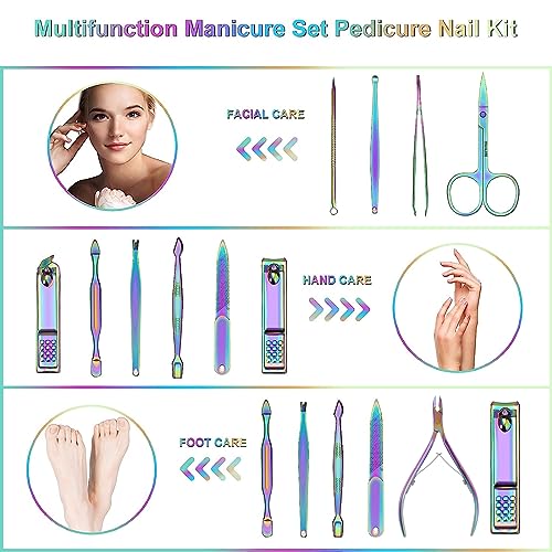 ANRUI Manicure Set Nail Clippers Pedicure Kit - 12pcs Stainless Steel Nail Kit, Colorful Professional Nail Care Kit Nail Files & Scissors Tools for Hands Foot Facial - Pink