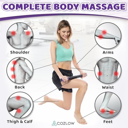 Muscle Roller Stick - Black Purple - Hand Held Body Massager with 9 Rollers & Non-Slip Handles - Deep Tissue Massage & Maximum Muscle Recovery - Leg, Back, Arm, Thigh, Butt Sculpting Tool - by Cozlow - color: Black Purple