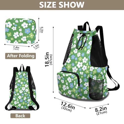 Drawstring Bags Climbing Gym Bag With Water Bottle Holder Cinch Sacks Dry Wet Separation Green White and Blue Flowers