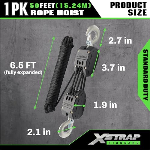 XSTRAP STANDARD Heavy-Duty Block and Tackle Pulley System, 1000 LB Working Load, 2000 LB Break Strength, 50 FT Rope Hoist with 2 Soft Loops for Garage, Hunting & DIY Attic Lift, Black - color: 50 Ft+Black+2 Soft Loops