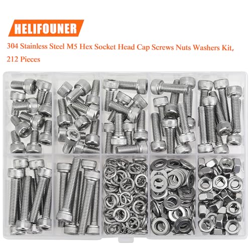 HELIFOUNER 212 Pieces M5 x 8mm /10mm /12mm /16mm /20mm /25mm /30mm, Hex Socket Head Cap Screws Bolts Washers Nuts Kit, 304 Stainless Steel - size: M5 Screw Kit (212 PCS)