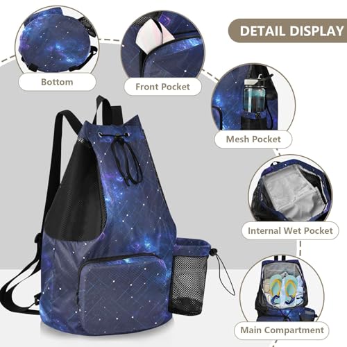 Drawstring Climbing Gym Bag With Pockets Drawstring Backpack with Wet Dry Compartments Blue Purple Galaxy