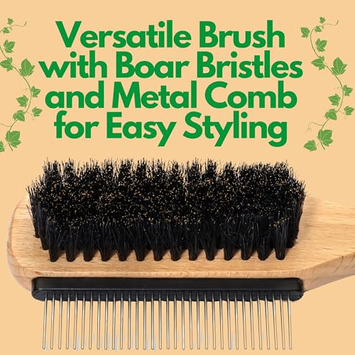 GranNaturals Boar Bristle Slick Back Hair Brush w/ Comb for Smoothing Sleek Ponytail Bun - Wide Rat Tail & Metal Comb Hairbrush for Parting, Teasing, Backcombing, Sectioning, Edge Control, Flyaways