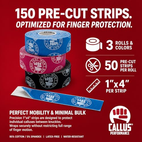 Pre-Cut Finger Tape (1x4") – Slim Hook Grip Tape for Weightlifting, Gymnastics & Rock Climbing – Flexible, Sweat-Proof & No-Residue Adhesive – 3-Pack, 150 Strips Total - style: Finger Tape