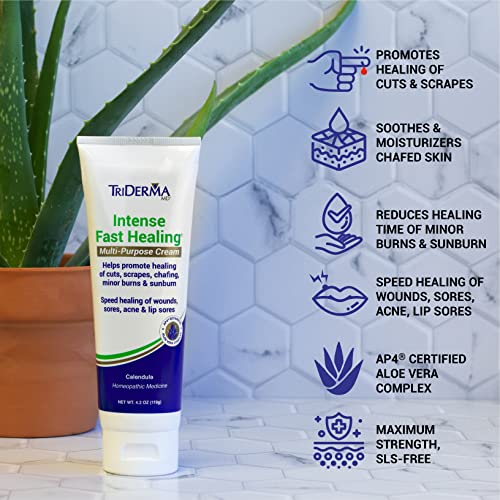 TriDerma Intense Fast Skin Healing Cream for Hard-to-Heal Skin Irritations, Sores, Rashes, Dry, Cracked Hands, Cuts, Chafing, Burns, Scrapes - First Aid Kit Essential - FSA Eligible - 4.0 oz Tube