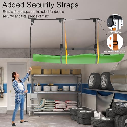 TRUSOON Kayak Hoist, Canoe Pulley for Garage Ceiling, 150 lbs, Black | Fits SUPs bikes ladders and cargo boxes, overhead space saver, heavy duty capacity, 2:1 mechanical advantage
