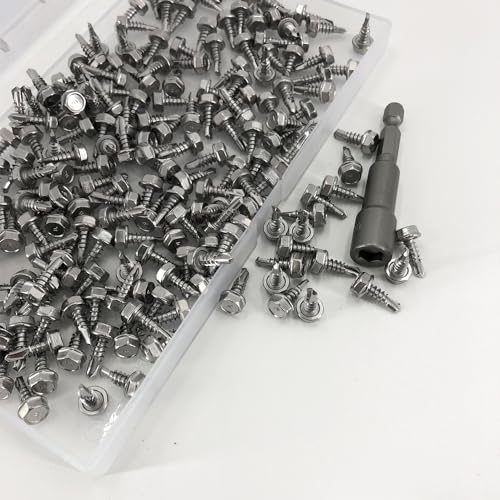 QSJ 200PCS Sheet Metal Screws Assortment Kit Hex Washer Head Truss Head 410 Stainless Steel Fast Self Tapping Screws with Screwdriver Bit Silver - color: Hex & Truss #8 Kit 2（200）