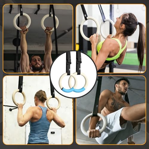 32mm Wooden Gymnastic Rings, Quick Adjust Numbered Straps | solid wood rings, portable design, strength training, calisthenics, home gym & travel workout