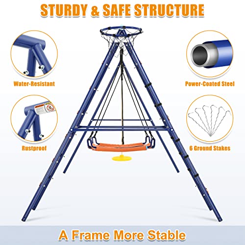 Swing Set for Backyard 550lbs - 6 in 1 Playground Sets for Backyards Safe Platform Swing for Kids Outdoor Heavy Duty Metal Frame with 3 Adjustable Swings Climbing Net Climbing Ladder Basketball Hoop
