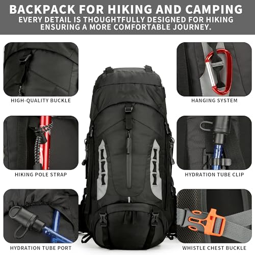75L Hiking Backpack with Rain Cover Waterproof Camping Backpack Shoes Warehouse for Men Women, Frameless - color: Black, size: 60L