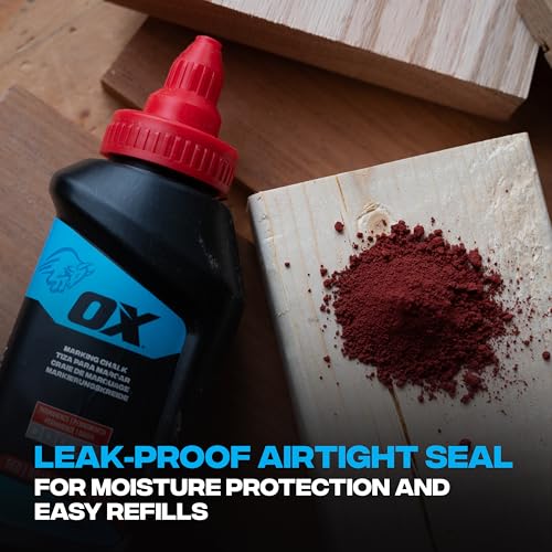 OX Red Chalk Line Powder 8oz Refill - Permanent Marking | Weather-resistant, high-flow nozzle, leak-proof cap, multi-surface use on wood, concrete, metal and stone - color: Red - Permanent