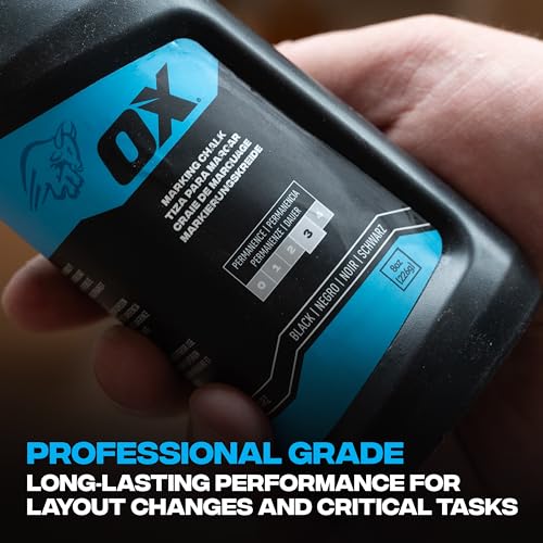 OX Black Chalk Line Powder 8oz - Permanent Chalk Refill | Weather-resistant marking chalk, quick-fill nozzle, quarter-turn cap, 8oz refill for chalk reel, wood, concrete, metal - color: Black - Permanent