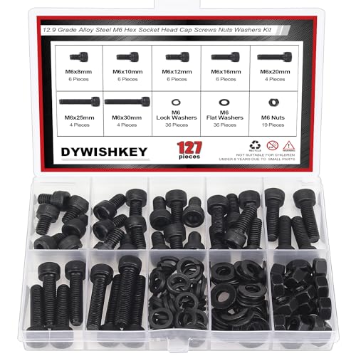 DYWISHKEY 127 Pieces M6 Black Screws, 12.9 Grade Alloy Steel M6x 8/10 /12/16 /20/25 /30mm Hex Socket Head Cap Screws Bolts Nuts Washers Assortment Kit - size: M6, style: Socket Head