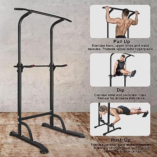 Power Tower Workout Station, Height Adjustable 66.5"-82.7" Multi-Function Dip Stand with 330 LBS Capacity, Pull Up Bar for Home Gym Strength Training, Heavy Duty Steel Frame, Black