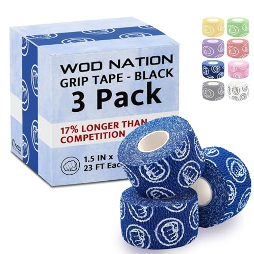 WOD Nation Flexible Hook-Grip Athletic Tape – Easy-Tear, Sweat-Proof Thumb & Finger Strips for Weightlifting - color: Blue