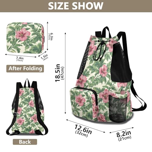 Drawstring Backpack Climbing Gym Bag With Pockets Cinch Back Sack Waterproof Tropical Flowers Red