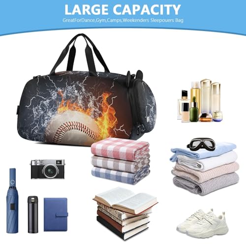 Kids Sports Duffel Bag for Boys & Girls - Baseball on Fire 100% Polyester Gym Bag with Separate Shoe Compartment, Adjustable Shoulder Strap, Compact Travel & Workout Gear Bag - color: Baseball on Fire