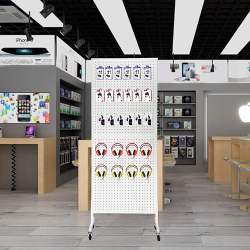 Eastern Tree Metal Pegboard Display Stand 2'x 5' with 30 Hooks, Pegboard Panels Display with Wheels, Peg Board Display Rack, Standing Pegboard Display- White - color: White