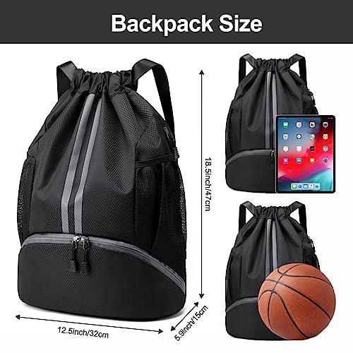 Hoedia Sports Drawstring Backpack - String Swim Gym Bag with Shoes Compartment and Wet Proof Pocket for Women&Men | String Bag with Shoes Compartment and Wet Proof Pocket, Adjustable Wider Shoulder Strap, For Soccer, Basketabll, Volleyball - color: Black,