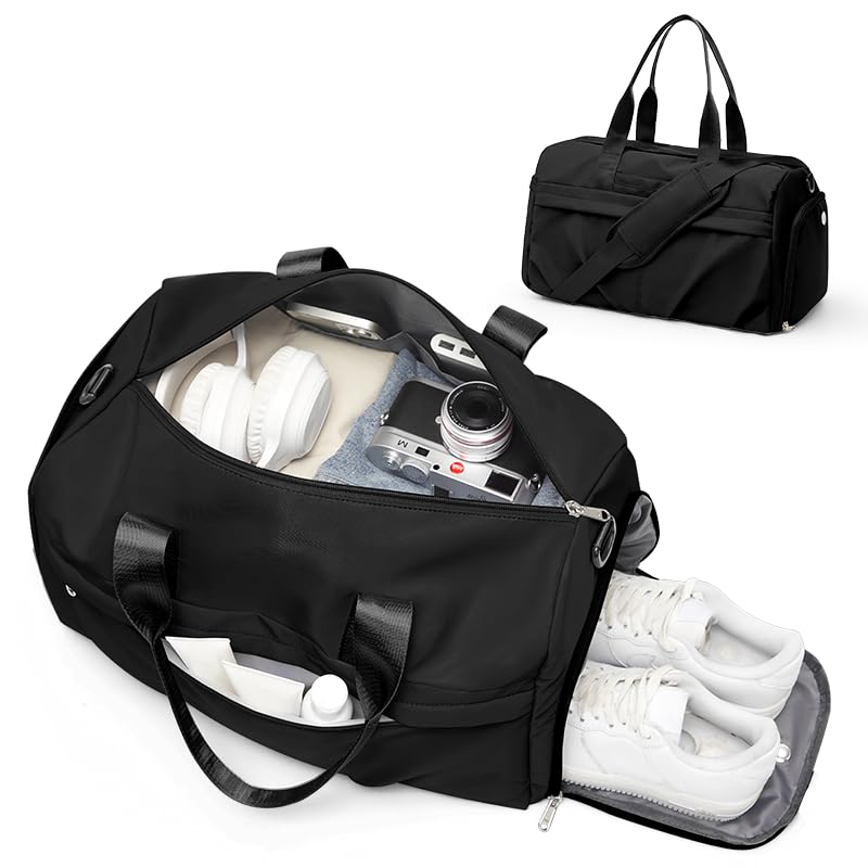 Gym Bag for Women Men, Sport Duffel Bag with Toiletry Bag & Shoe Compartment,Waterproof Travel Weekender Overnight Carry on Bag for Yoga with Trolley Sleeve, Black Set - color: A-Black Set