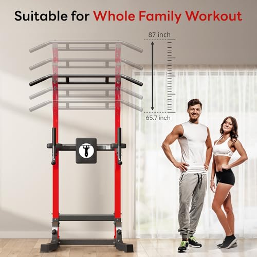 SogesPower Power Tower Pull Up Bar Station Multi-Function Dip Station | Adjustable Height Pull Up Dip Station Dip Bar Strength Training Fitness Equipment,Up to 500LBS - color: Red