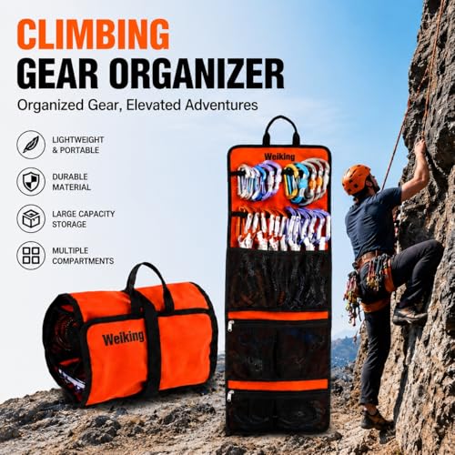 Climbing Quickdraw Hanging Storage Bag, Carabiner Hook Gear Equipment Parts Collections, Durable Foldable Bundled Roll Anti-scratch Bag, Small Tools Organizer Pouch, suit for Rock Climbing Ice Climb
